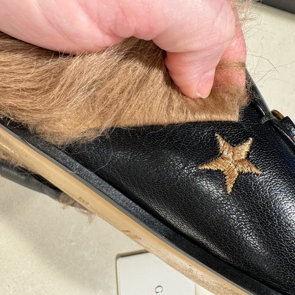 GUCCI Princetown Mule Fur Slippers With Embroidered Bees and Stars Black Leather - Picture 9 of 14
